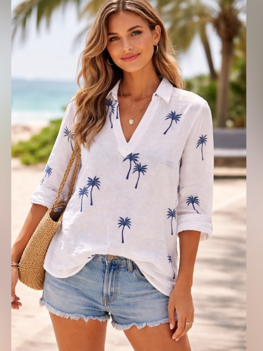 Calypso St. Barth Women's Linen Embroidered Palm Tree Blouse White Medium